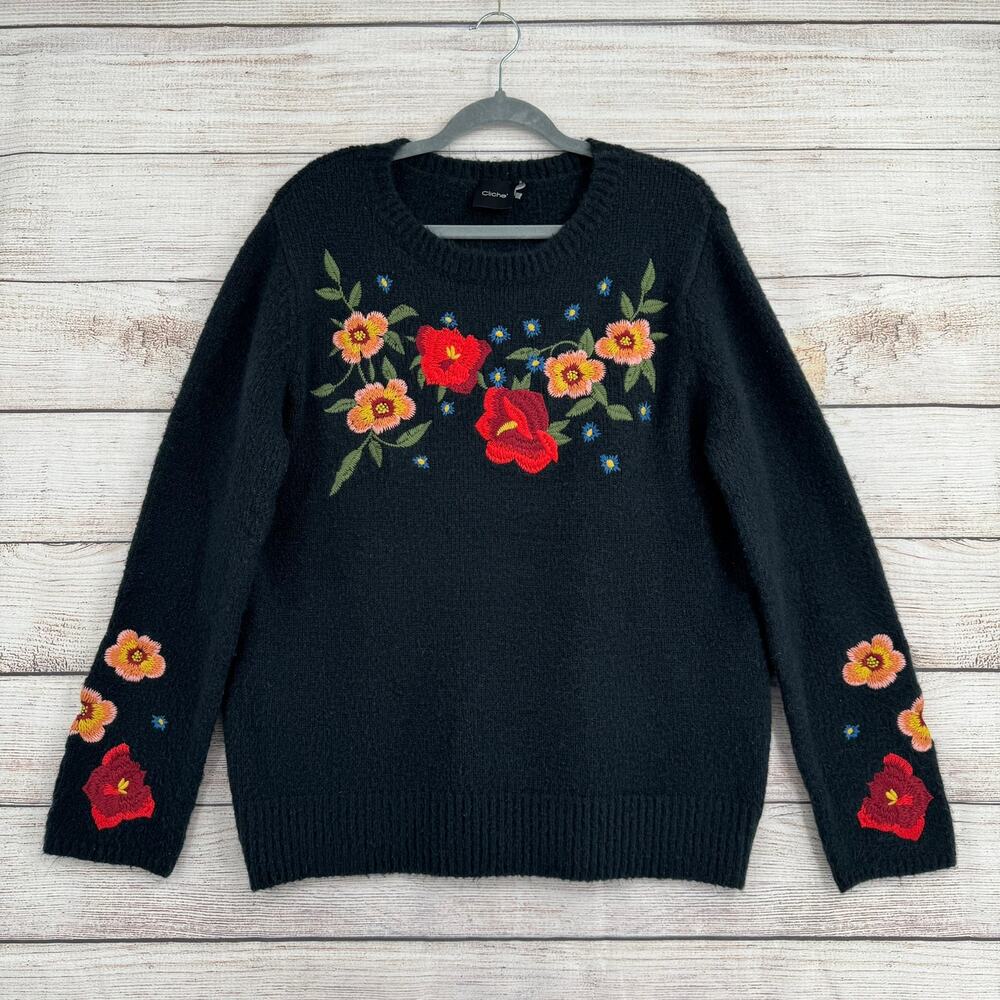 Cliche Floral Embroidered Crewneck Sweater Womens XL Black Red Pink‎